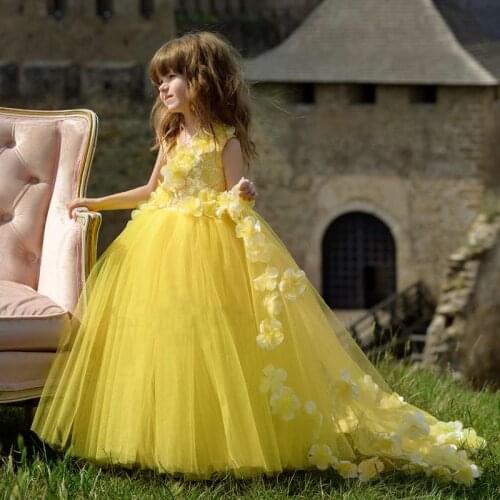 2-14 Years Yellow Flower Girl Dresses Flowers Decoration New Girl Wedding Party Exchange Dress Ball Beauty Birthday Dress