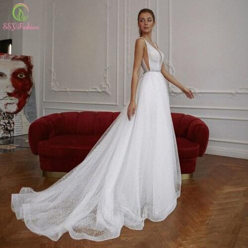 SSYFashion New White Evening Dress Glitter Luxury Sequins A-line V-neck Long Beach Party Formal Gowns for Women Vestido De Novia