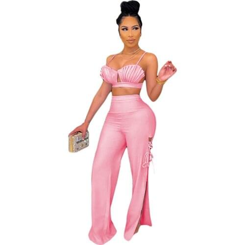 Hipster Spaghetti Strap Shirring Slim Fit Crop Top and Side Split Drawstring Wide Leg Trouser for Women Streetwear 2 Pcs Sets
