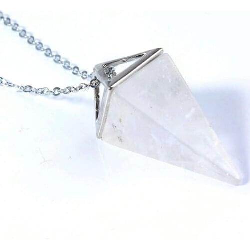 KFT Natural Stone Pendant Healing White Clear Rock Crystal Stone Necklace Link Chain Jewelry For Women Girls Men