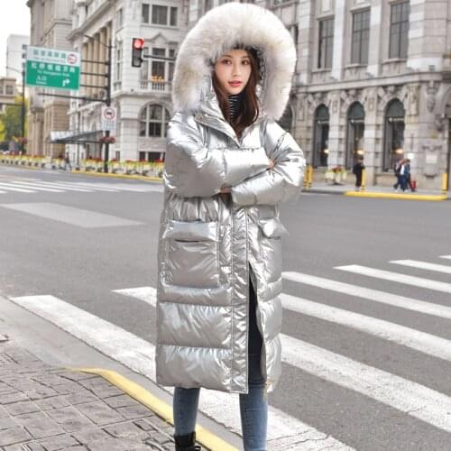 90% White Duck Down Down Waterproof Silver Winter Jacket ladies Real fur Collar Hooded Coat Womens long Down Jacket warm Jjacke