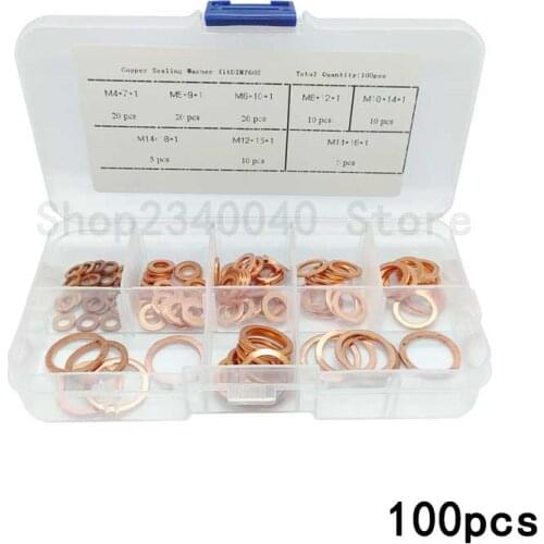 100pcs/set M4 M5 M6 M8 M10 M12 M14 Copper Washer Gasket Set Copper Washer Assortment Kit For Boat Crush Flat Seal Ring Tool