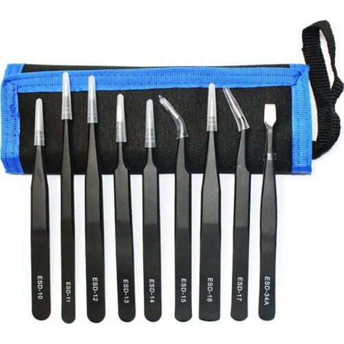 9Pcs Anti-static ESD Stainless Steel Multifunctional Tweezers Tools Industrial Precision Curved Straight Tweezers Repair Tools