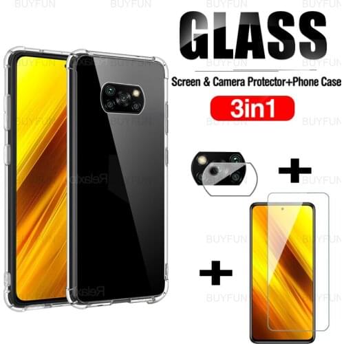 3in1 Clear TPU Silicone Case For Xiaomi Poco X3 front screen protector glass for poco poko x3 m3 pro x3nfc f3 camera safety film
