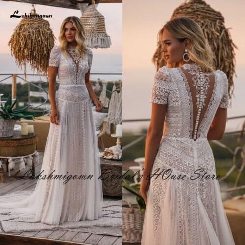 Lakshmigown Luxury Lace Little Mermaid Wedding Dress 2021 Vestido Boho Chic Bridal Wedding Gowns with Cap Short Sleeves
