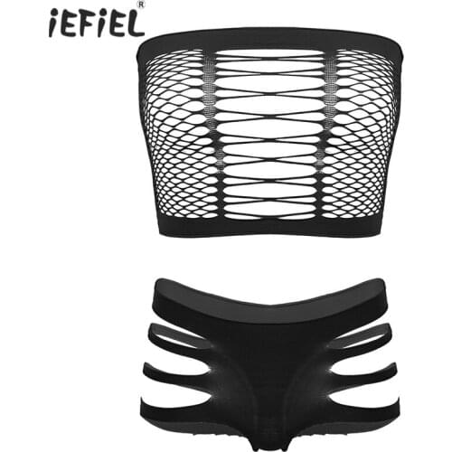 Sexy Women Lingerie Suit Sleeveless See-through Fishnet Crop Top Hollow Out Strappy Briefs Underwear Costumes Lingerie Nightwear