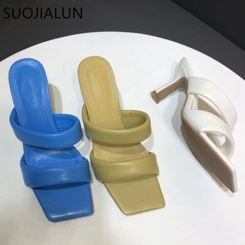 SUOJIALUN Ladies Elegant Slippers 2021 Summer Women Outside Slides Brand Narrow Band Thin High Sandals Open Toe Flip Flop Shoes