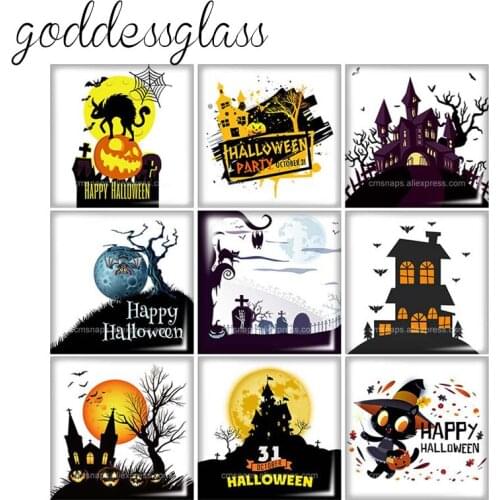 Happy Halloween Castle scary night Square 10pcs 12mm/20mm/25mm/30mm Photo glass cabochon flat back DIY Jewelry Findings