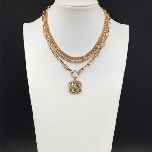Trendy Gold Color Plating Textured Square Pendant Layered Necklace For Women Girl Elegant Gorgeous Lady Party Jewelry