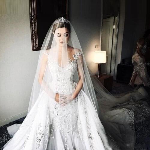 Gorgeous Beaded Mermaid Wedding Dresses with Detachable Train Sheer Neck Long Train Bridal Gowns Church Wedding Dress