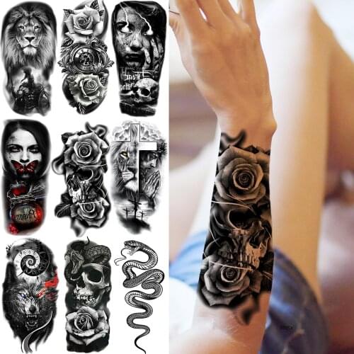 Skull Rose Flower Temporary Tattoos For Women Men Lion Snake Vampire Praying Cross Wolf Fake Tattoo Sticker Forearm Tatoos 3D