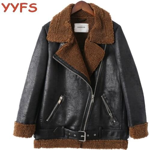 Womens Leather Jacket Black Moto&Biker Coat Teddy Lamb Liner Thick Keep Warm Jacket Coat Turn-down Collar with Belt Windbreaker