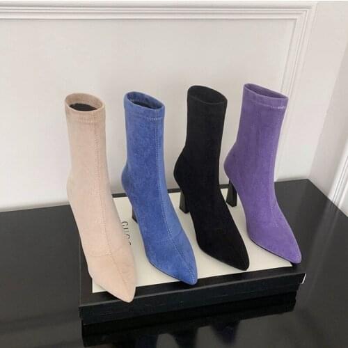 Concise Suede Stretch Boots Women 2021 New Fashion Warm Fur Fleece Pointed Toe Slip On Super High Heels Calf Boots Plus Size 42