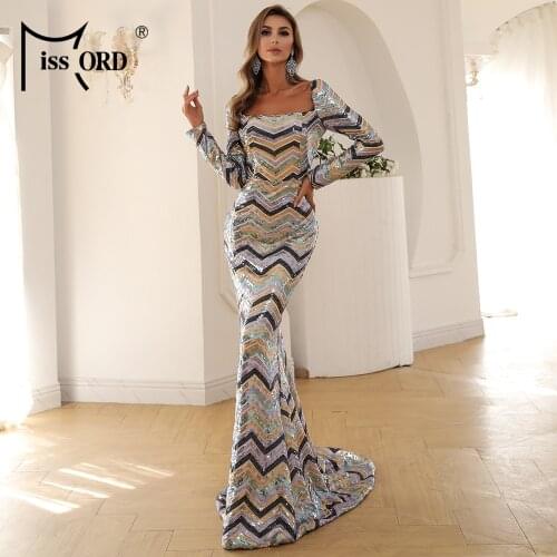 Missord Long Sleeve Geometric Sequin Dress Women Wave Floor Length Backless Evening Party Dress Autumn Winter Maxi Dress M01229