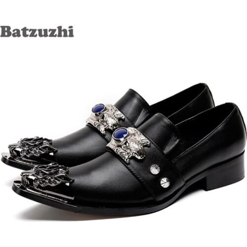 Batzuzhi Designers Men Shoes Sliver Metal Tip Pointed Toe Dress Shoes Men Black Leather Business Evening Party Wedding Shoes