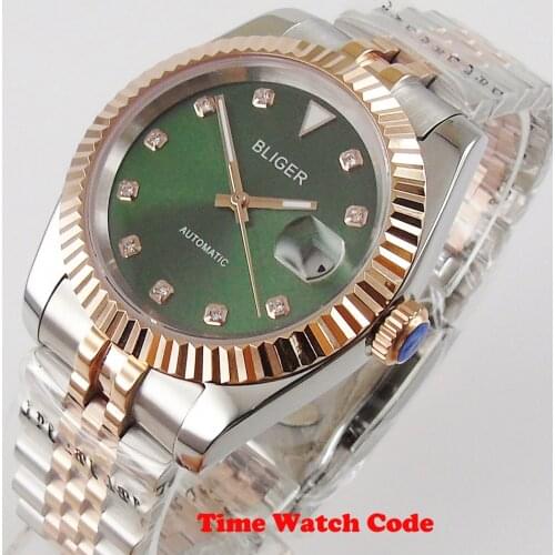 Bliger 39.5mm Automatic Mens Watch Date window Sapphire glass Green dial golden bezel Jubilee bracelet