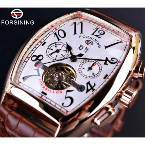 Forsining Square Mechanical Design Rose Gold Case White Dial Brown Leather Strap Mens Watches Top Brand Luxury Automatic Watch