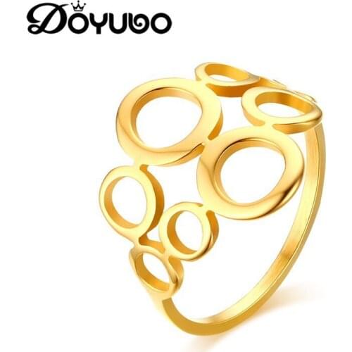 DOYUBO European Design Women Gold Color Stainless Steel Round Circle Fashion Rings High Polishing Lady Punk Finger Rings DE048