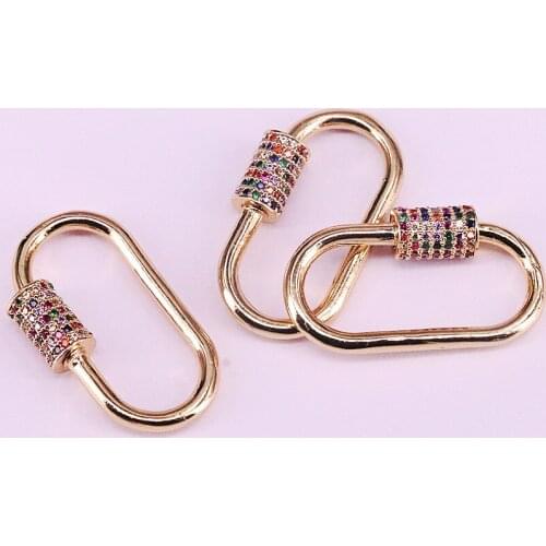 5Pcs, Rainbow CZ Zirconia Micro Pave Oval Shaped Clasp Lock Carabiner Pave Lock Jewelry Findings