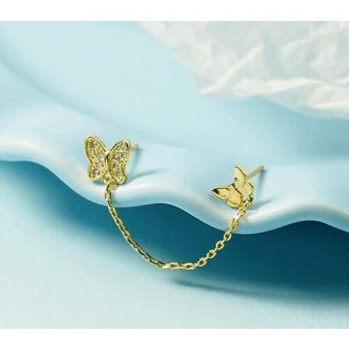 KOFSAC Cute Fashion Two Butterfly Stud Earrings For Women Jewelry 925 Sterling Silver Double Ear Holes Earring Lady Accessories