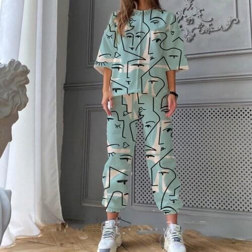 Ladies Summer and Spring 2-piece Sportswear Casual Abstract Printing Mid-length Sleeve Pullover + Elastic Waist Pants Suit Hot