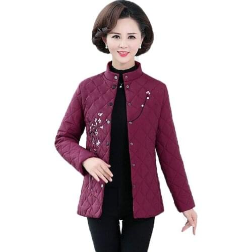 Lightweight Cotton Coat Women Fashion Embroidered Winter Jackets Middle-aged and Elderly Womens Down Cotton Jacket Outwear 5XL