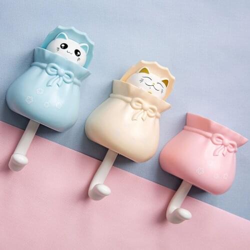 Cute Cat Strong Sticky Hooks for Hanging Keys Coats Bag Umbrella Towel Scarves Hats Cups Bathrobes Sponges Wall Organizer Hanger