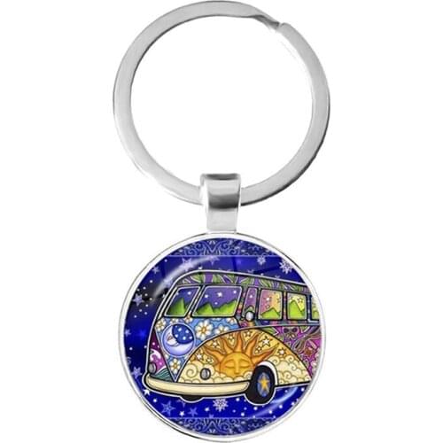 Cute Peace Bus Keychains Cartoon Bus Flower Power Vintage Car Photo Hippie Peace Sign Glass Dome Key Chain Rings Holder Jewelry