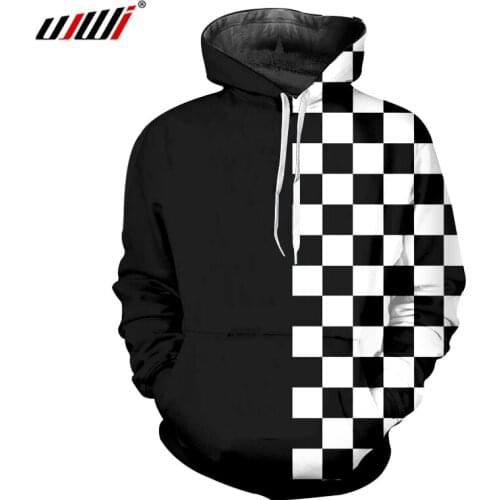 UJWI Winter New Hoodies Man Hot Loose 3D Printed Black and white plaid Personality Plus Size 6XL Tops Tees Unisex Hoody