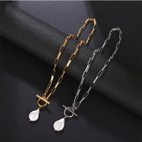 Pattern irregular paperclip chain link chain freshwater pearl pendant sweater necklace gold plated stainless steel long necklace