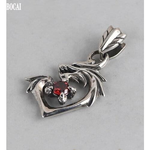 BOCAI New Real S925 Silver Vintage Mans Pendant Dragon Shape Inlaid with Synthetic Red Zircon 2021 Fashion Pendant for Man