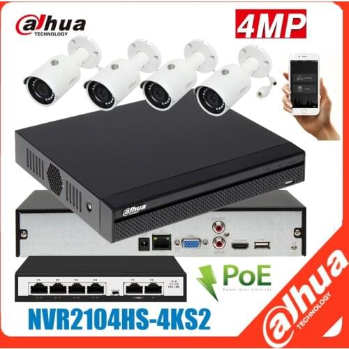 Original dahua 4ch 4MP POE ip camera kit NVR2104HS-4KS2 with 4pcs IPC-HFW1431S-S4 4MP Mini Bullet Network Camera