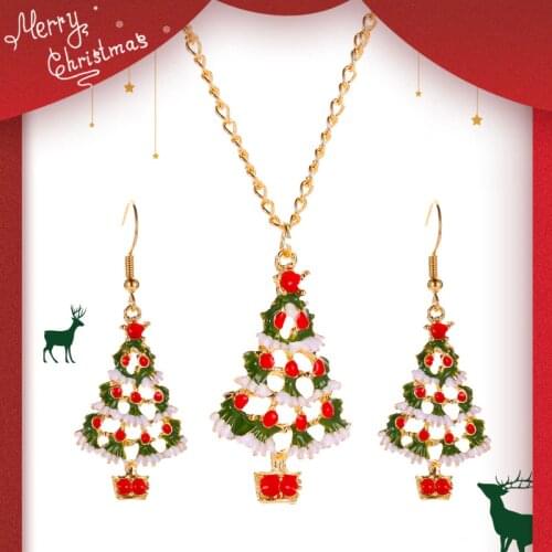 Cute Red Green Enamel Cartoon Christmas Tree Jewelry Set for Women Girl Gold Chain Pendant Necklace and Drop Earrings Festival