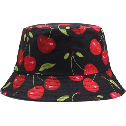 Cherry Printed Bucket Hats For Women Men Fashion Summer Spring Cute Sun Girls Panama Caps Fishing Black White Fishermans Hat