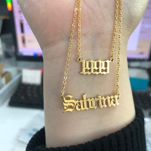 Personalized Double chain name necklace Date Nameplate Number Layered Old English name Necklace Stainless Steel Birthday Gift