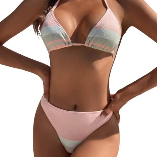 Low Waist Sexy Bikini 2021 Split Stripe Print Swimsuit European And American Fashion Womens Beachwear Summer Swimming Surfing