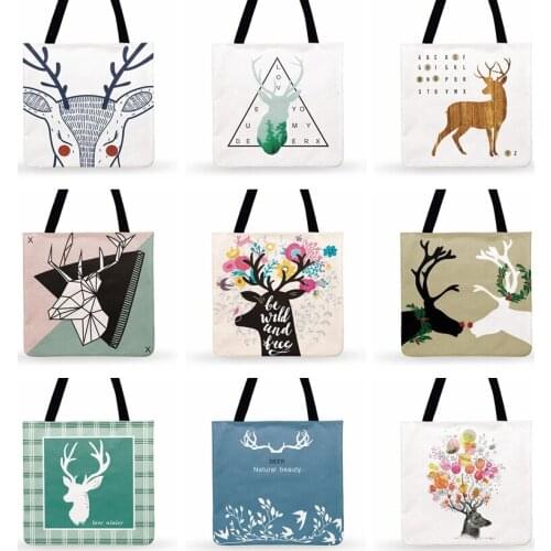 Beach Tote Bags Scandinavian Simple Deer Painting Print Tote Bag For Women Casual Tote Ladies Shoulder Bag Outdoor Shopping Bags