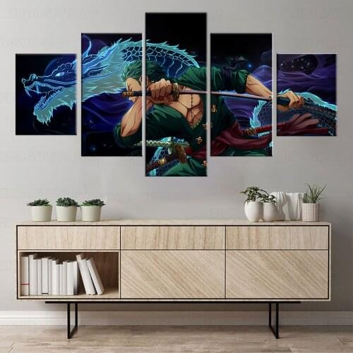 5 piece poster One Knife Flow Roronoa Zoro Anime Theme Oil Painting Canvas Background for Boys for home decor framed