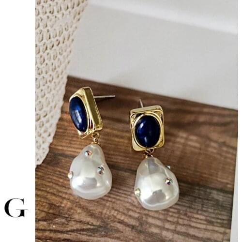 GHIDBK Baroque Pearl Rhinestone Stud Earrings Irregular Chic Faux Pearls Lapis Lazuli Earring Studs Women Handmade Charm Earring