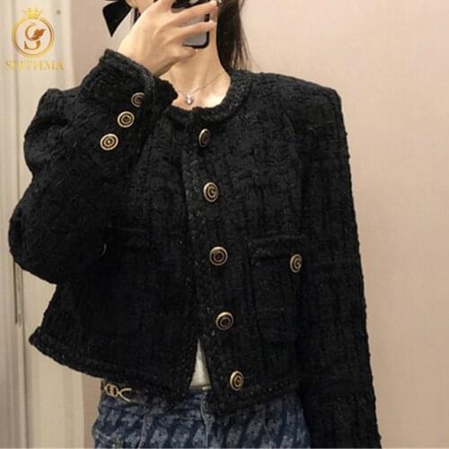 SMTHMA Ladies Single-Breasted Black Tweed Woolen Short Jacket 2021New Spring And Autumn Womens Outerwear chaqueta mujer