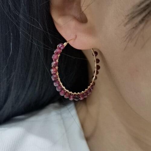 Unique Faceted Garnet Hoops Bohemian Earrings Natural Gemstones Statement Jewelry 14K Gold Filled Wire Wrap Circle Boho Earrings