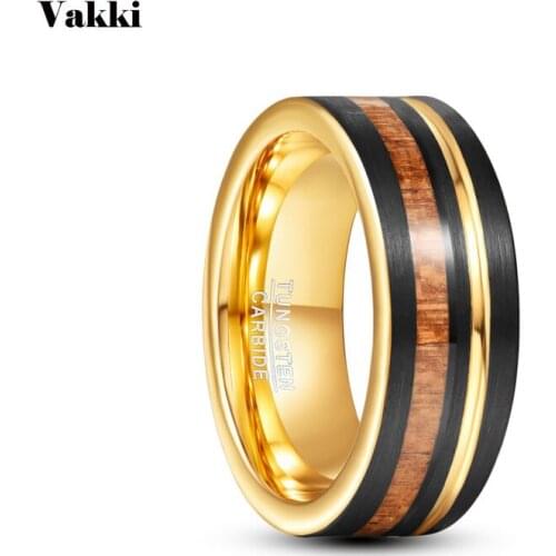 VAKKI 8mm Inlaid Black Golden Wood Grain Partial Groove Tungsten Steel Ring Mens Jewelry