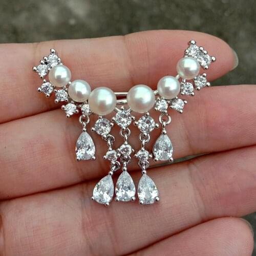 Y·YING natural Freshwater Cultured White Pearl Cubic Zirconia Pave Brooch