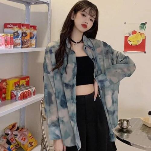 2021 Summer Street Style Oversize Women Shirt Blouse Tie Dye Long Sleeve Ladies Tunic Shirts Y2K Button Up Female Clothing Tops