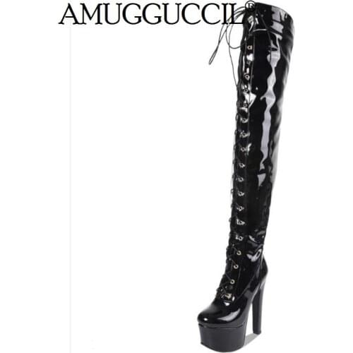 2020 New Plus Big Size 33-48 Black White Red Lace Up Sexy Over The Knee Thigh High Heel Platform Autumn Winter Women Boot X1910