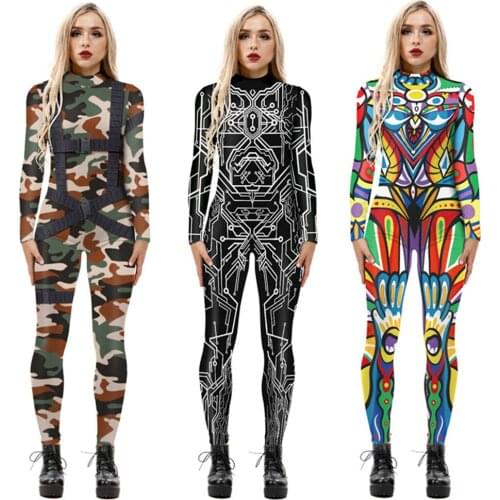 Women Yin Yang Gossip Camouflage Tie Dye Tiger 3D Printing Bodysuit Adults Punk Future Robot Jumpsuit Halloween Cosplay Costumes