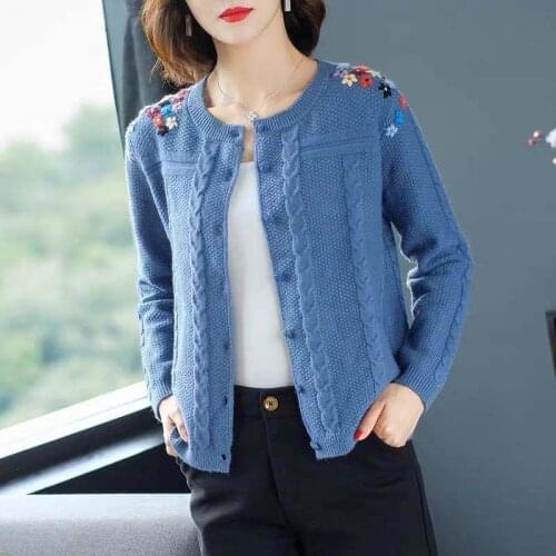 Applique Knitted Cardigan Sweater Women Round Neck Long Sleeve Striped Loose Single-breasted Sweater Female Spring Autumn 2021
