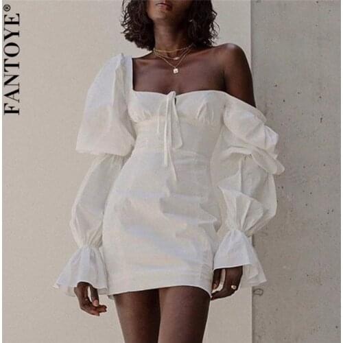 FANTOYE Sexy Flare Long Sleeve Square Collar Dress Women Summer Elegant Bandage Bodycon Mini Dresses Streetwear Slim Vestido New