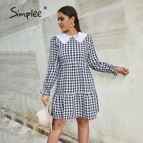Simplee Plus size ruffled collar lantern sleeves plaid women dress Casual loose autumn smock dresses Female autumn mini vestidos