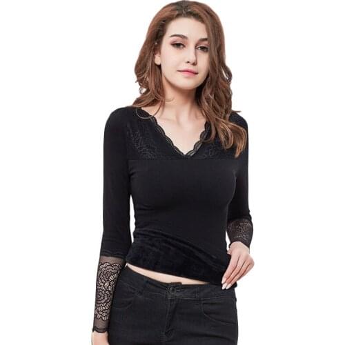 Thermal Undershirt Women Winter Warm Shirts Sexy Long Sleeve Lace V-Neck Office Lady Underwear Top Thermo Kleding Dames